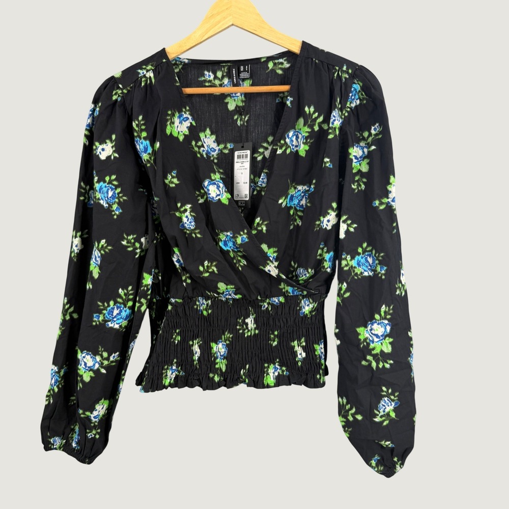 Vero Moda Floral Wrap Look Top Size Small Black Blue Smocked Waist Cotton New